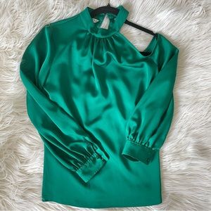 Trina Turk green blouse, one shoulder, long sleeve